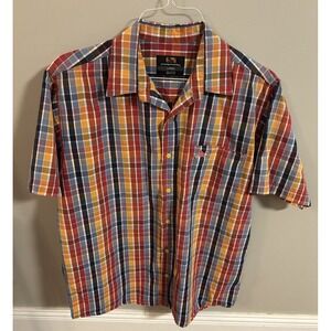 Vtg DRUNKNMUNKY Shirt Mens Large Short Sleeve Casual Button Up Plaid 100% Cotton